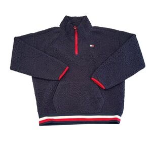 Tommy Hilfiger Sport Sherpa Fleece Quarter‎ Zip Pullover Navy Red Trim L/G